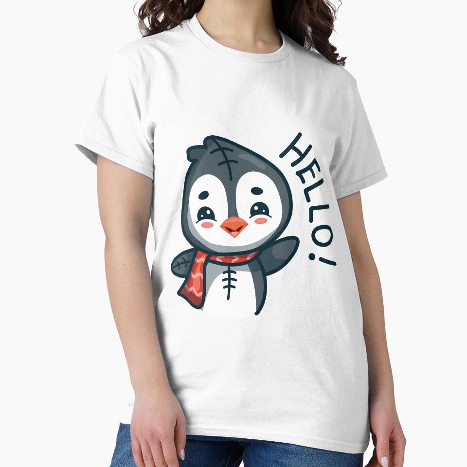 Cute kawaii penguin says "Hello!" - adorable winter animal illustration by IrinaCuteLab