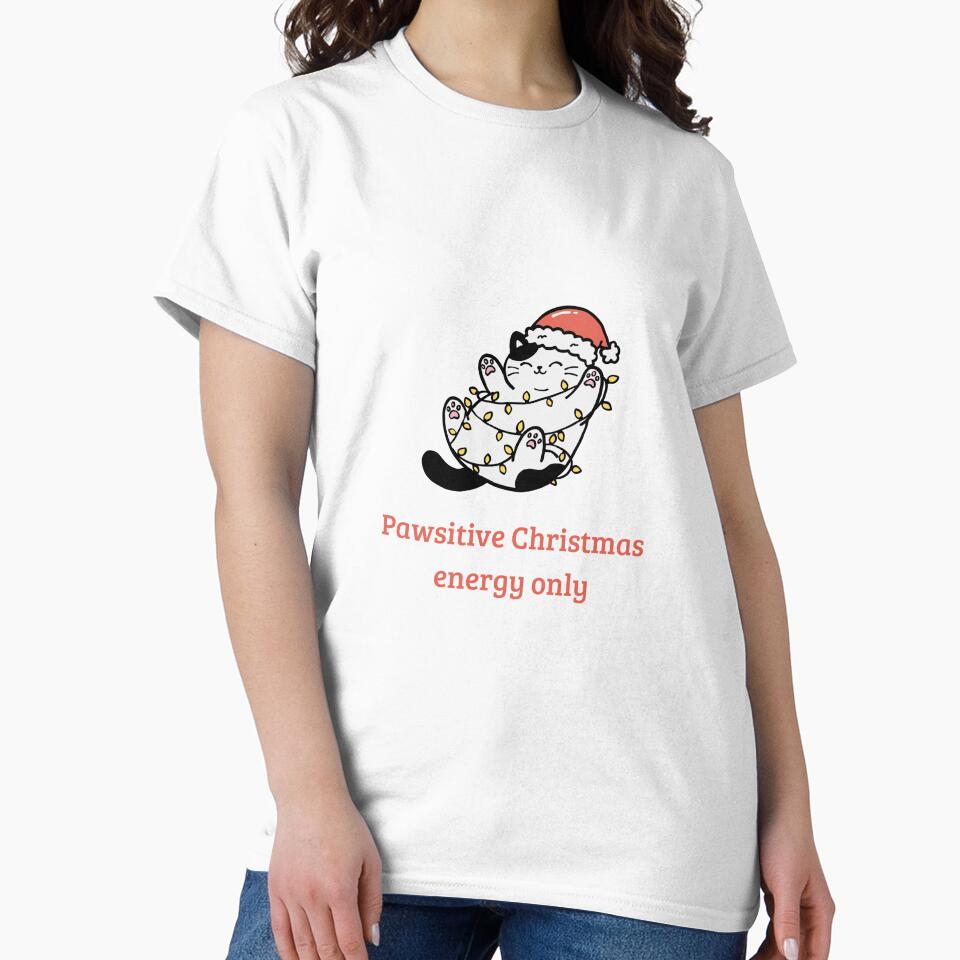 Pawsitive Christmas Energy Only – Cute Cat Wrapped in Holiday Lights by tiagoprint