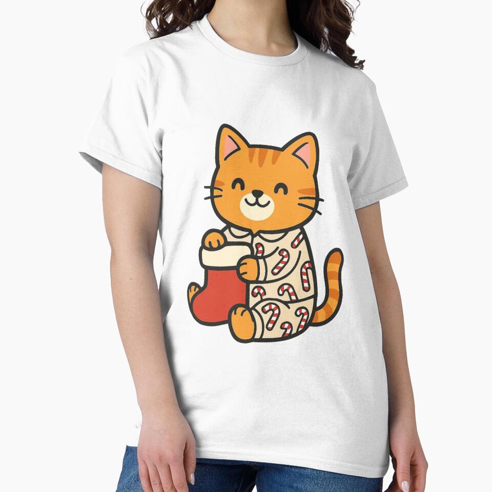 Cat in Christmas Pajamas with Stocking – Cute Festive Pet by Confuzz1ed