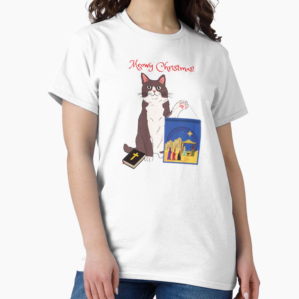 Meowy Christmas Gray Cat with Christian Nativity Banner by MYCatStuff