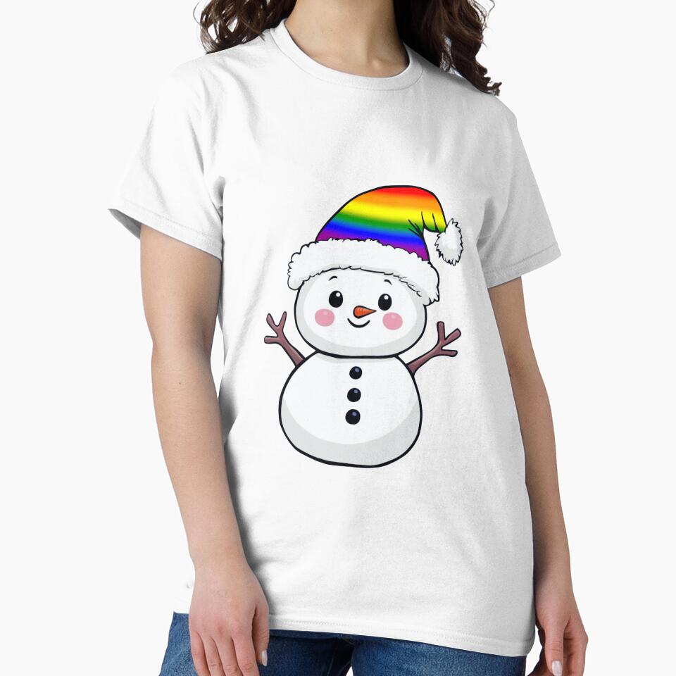 Adorable Snowpal wearing an LGBTQ Rainbow Pride Santa Hat | LGBTQ Pride Holiday Design by Travelslightly