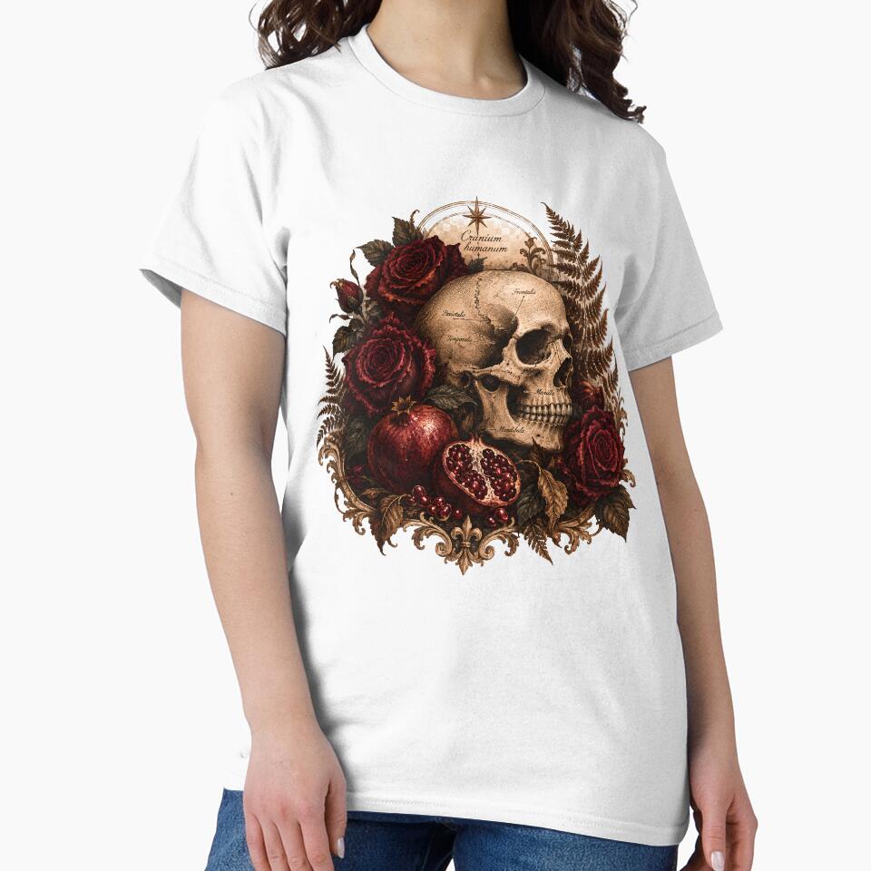 Cranium Humanum Side Skull - Dark Academia Roses and Pomegranate Gothic by Neurospicy Trolls