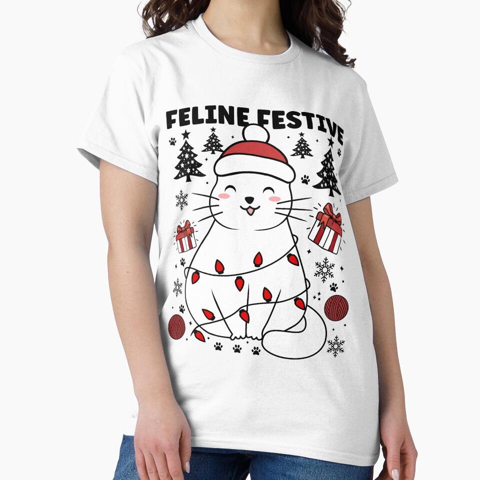 Feline Festive Happy Cat | Cute and Festive Christmas Cat Wearing Christmas Lights by PearlMoonGrapes