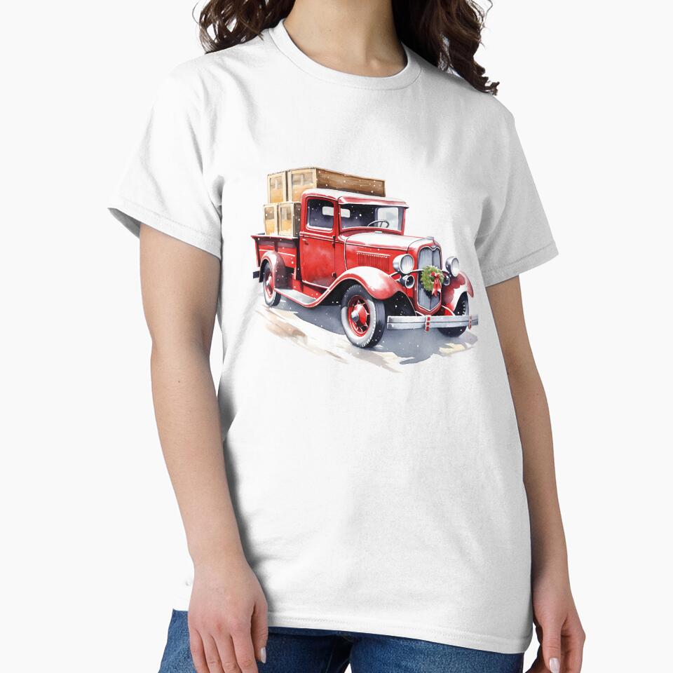 red truck christmas / retro car watercolor christmas by Krasnovaovaova