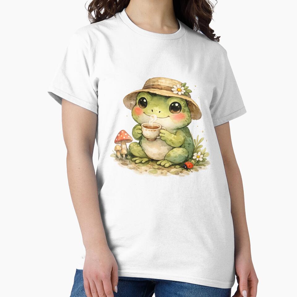 Cozy Frog Tea Time – Cute Watercolor Frog Cottagecore Illustration by StickyDelights