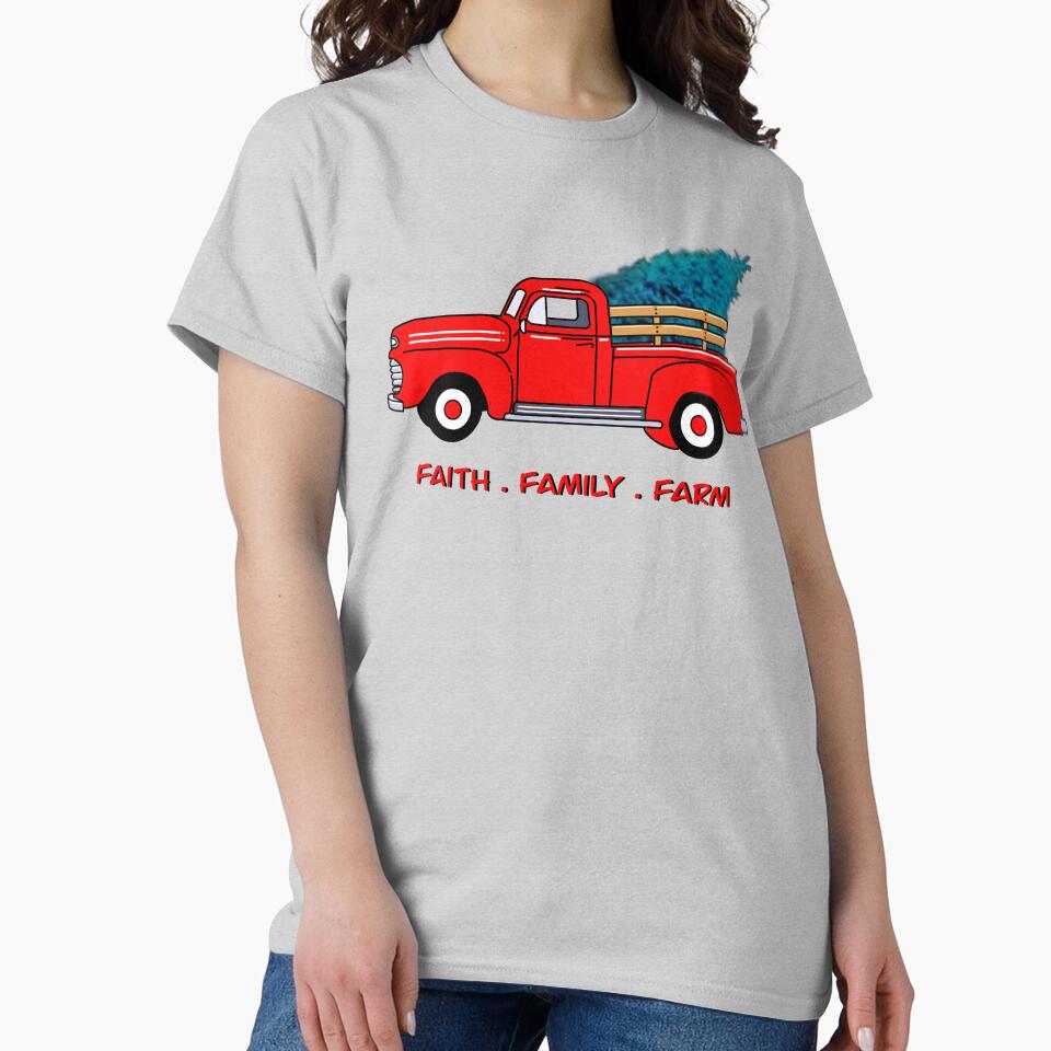 Faith, family, farm, Vintage red pick-up truck drawing, holiday design, Christmas tree by hollycooper