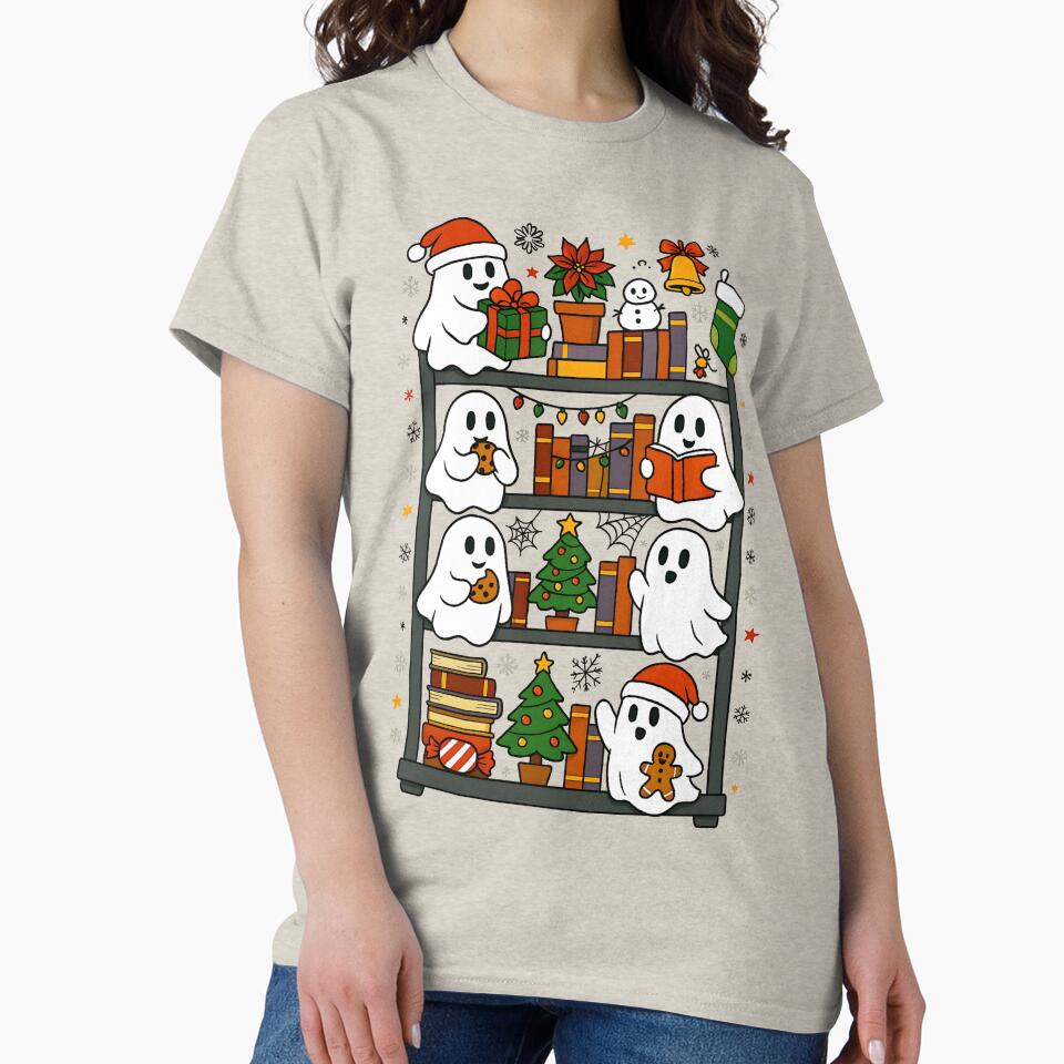 Christmas Ghosts Reading Books – Cute Librarian Holiday Bookshelf Classic T-Shirt by Shivartdesign36