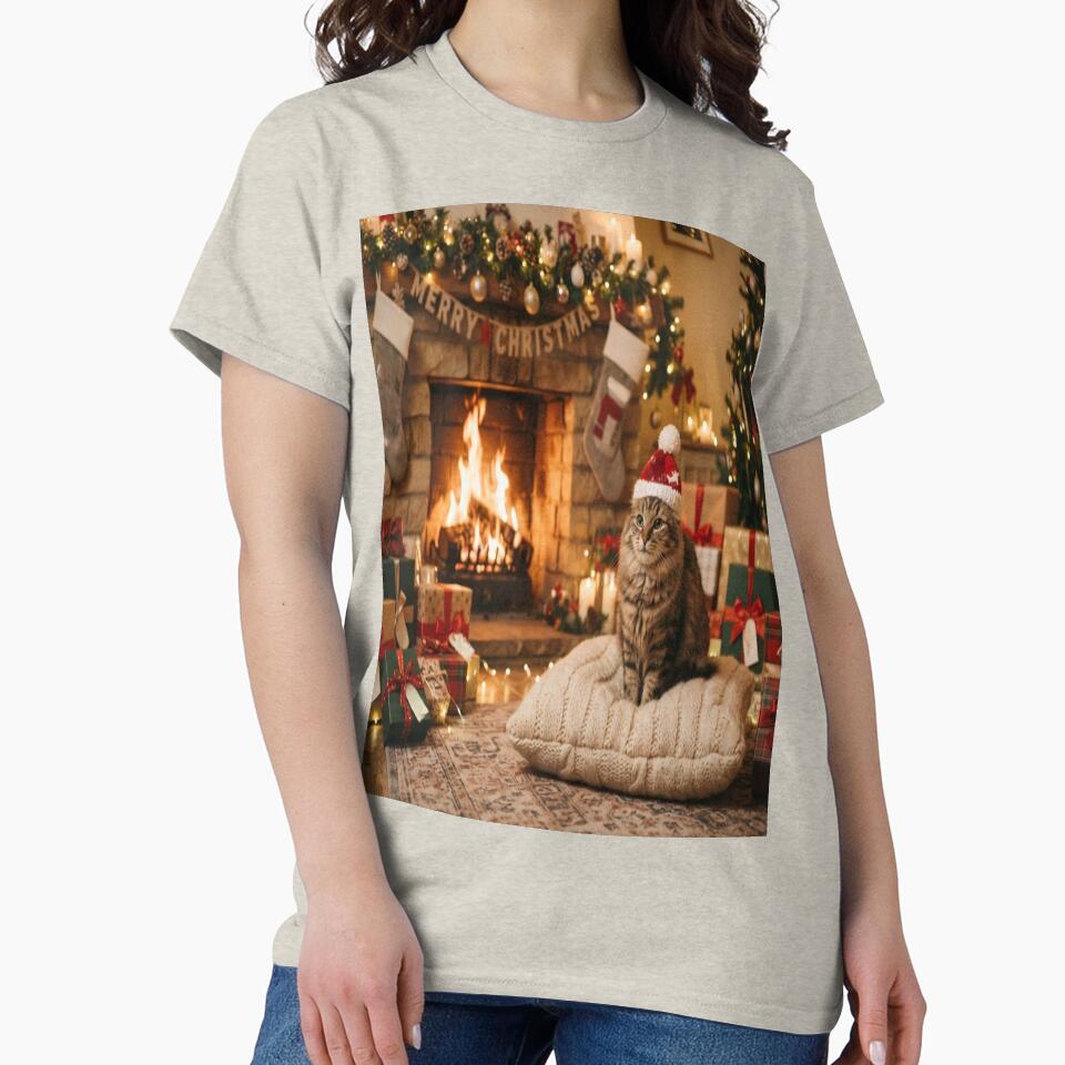 Cute Christmas Cat Wearing Santa Hat Fireplace Holiday Art by AfresStudio