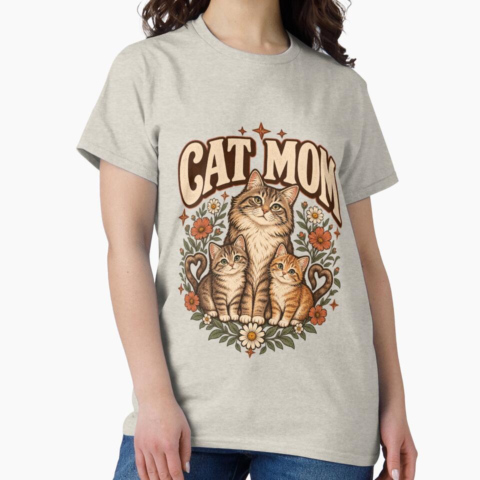 Cat Mom Vintage Floral – Cute Mother Cat & Kittens T-Shirt by Gold&pixels