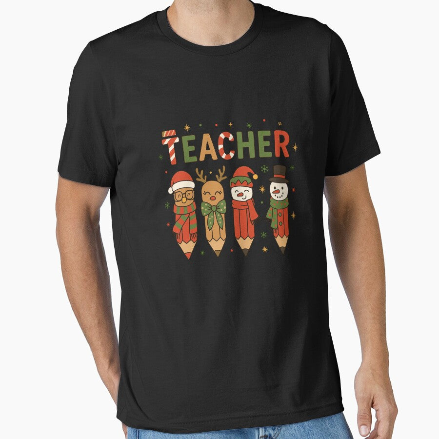 Christmas Teacher T Shirt Cute Pencil Characters Santa Reindeer Snowman Holiday Shirt Gift for Teachers Funny Xmas School Tee by New Art