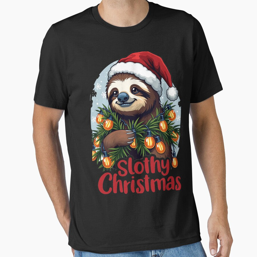 Slothy Christmas, Cute Sloth in Santa Hat with Christmas Lights by vamskul