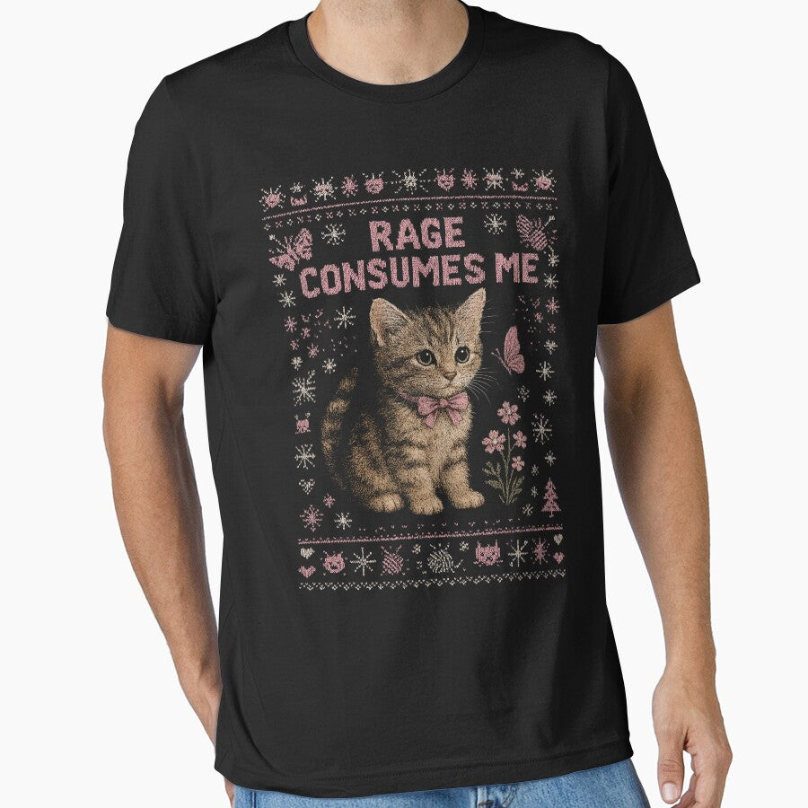 Rage Consumes Me Funny Christmas Ugly Sweatshirt, Funny Kitten Shirt, Funny Cat Meme Holiday T-Shirt, Hilarious Xmas Tee, Weirdcore T-shirts, Cat Lover Gift by Rosqzz
