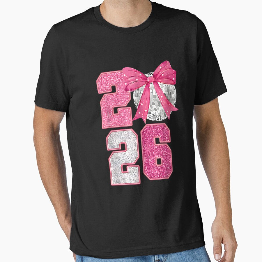 Happy New Year 2026 Disco Ball Pink Coquette Bow Family by Juansustait