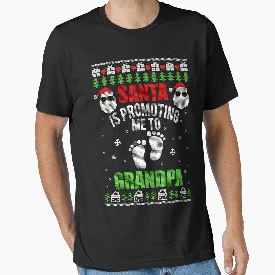 Santa Is Promoting Me To Grandpa Pregnancy Announcement Matching Christmas Ugly Christmas Sweater Style T-shirt by Emmy Store