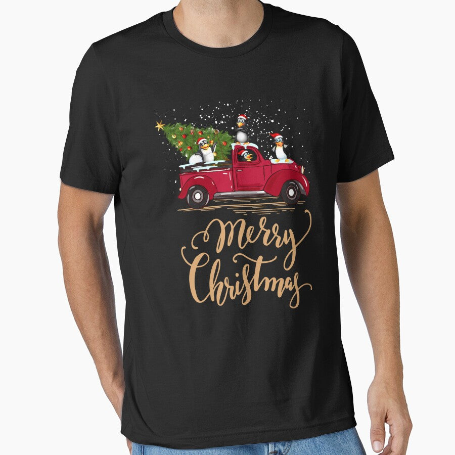 Penguin Driving Christmas Tree Red Truck Penguin Christmas by tedroyegelsd