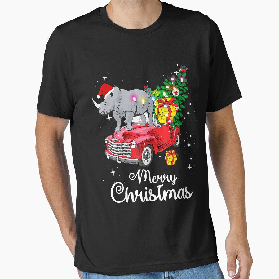 Rhino Rides Red Truck Christmas Pajama T-Shirt by GrahamWalsh