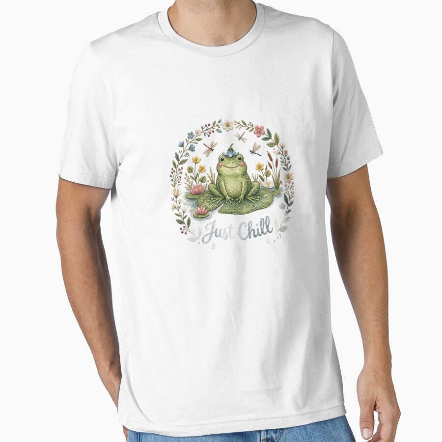 Just Chill Frog T-Shirt | Vintage Watercolor Cottagecore Frog on Lily Pad Tee by DmaarGroup