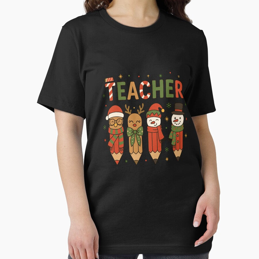 Christmas Teacher T Shirt Cute Pencil Characters Santa Reindeer Snowman Holiday Shirt Gift for Teachers Funny Xmas School Tee by New Art