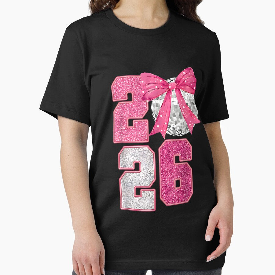 Happy New Year 2026 Disco Ball Pink Coquette Bow Family by Juansustait
