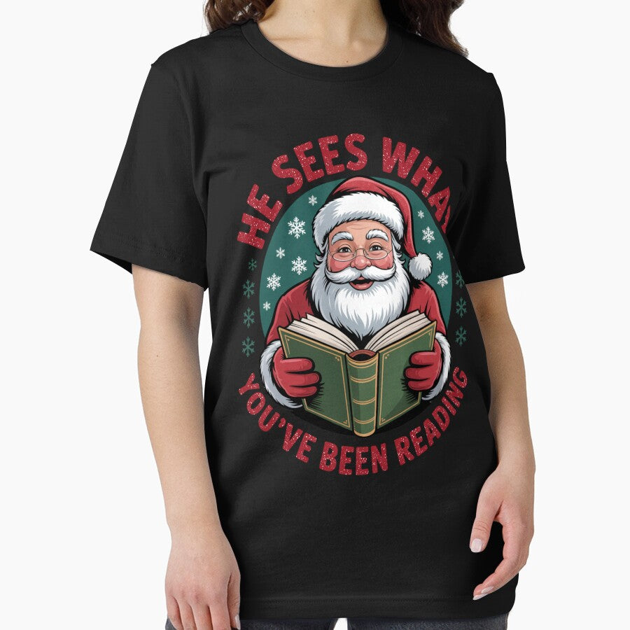 He Sees What You’ve Been Reading Funny bookish Christmas Design by FreshVibe Prints