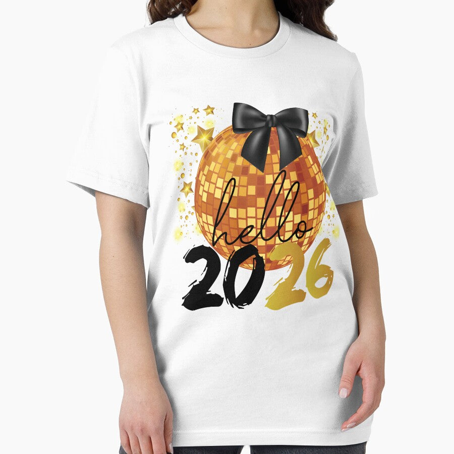 Hello 2026 T-Shirt • Gold Disco Ball New Year by FanshopMA