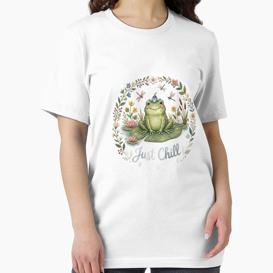 Just Chill Frog T-Shirt | Vintage Watercolor Cottagecore Frog on Lily Pad Tee by DmaarGroup