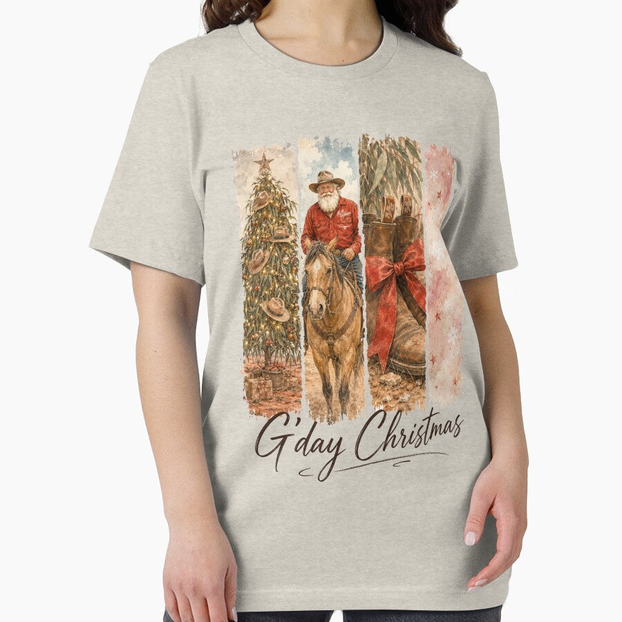 G'day Christmas Aussie Country Christmas Cowboy Santa Tee Gum Tree Cowboy Horse Boots Australia by Yellowriversss