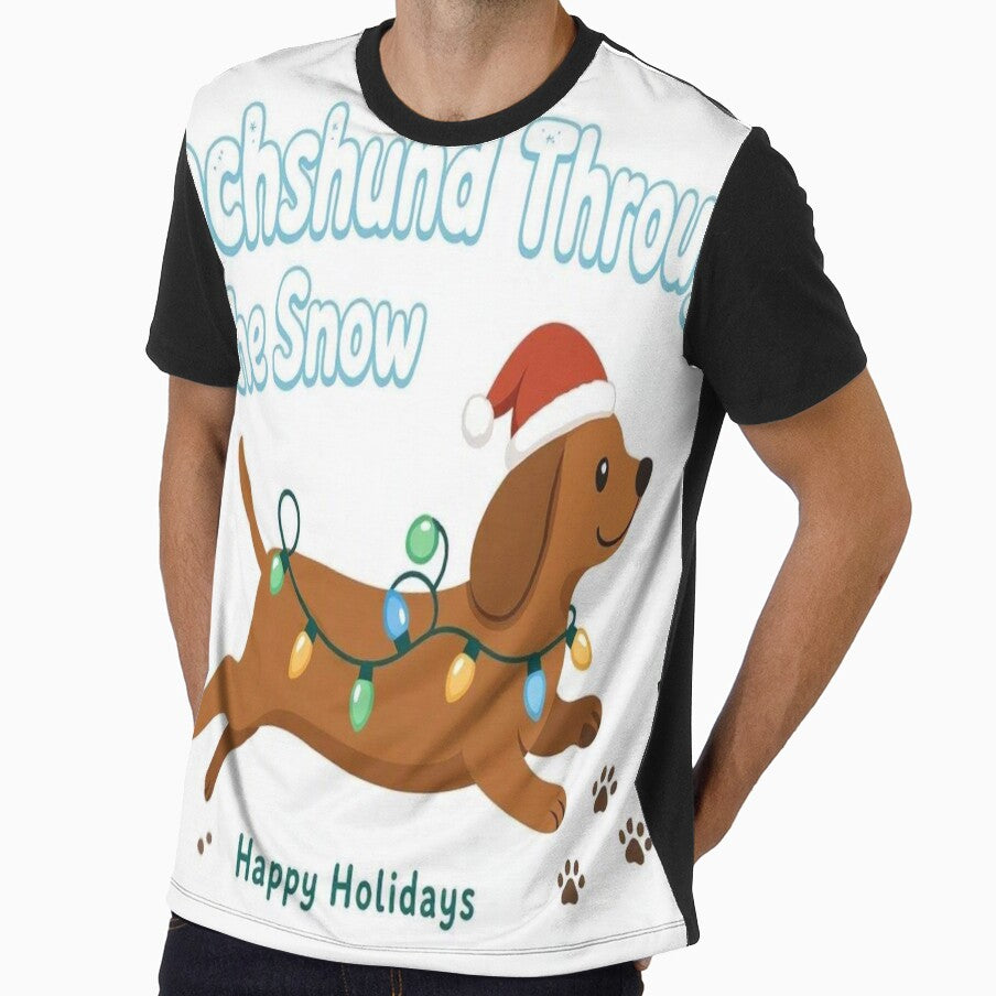 Dachshund Through The Snow Funny Christmas Pun Santa Hat Weiner Dog Holiday T-Shirt by PupPrintCo