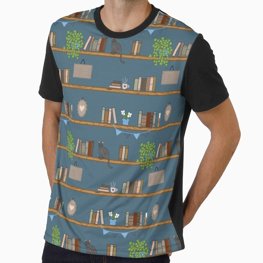 Blue Vintage Bookshelf Reading Pattern with Cats by designbybrisson