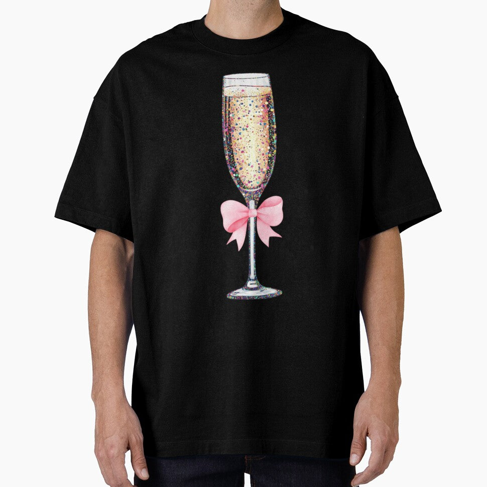 Elegant Sparkling Champagne Glass With Pink Bow Celebration New Year Art by River Silva