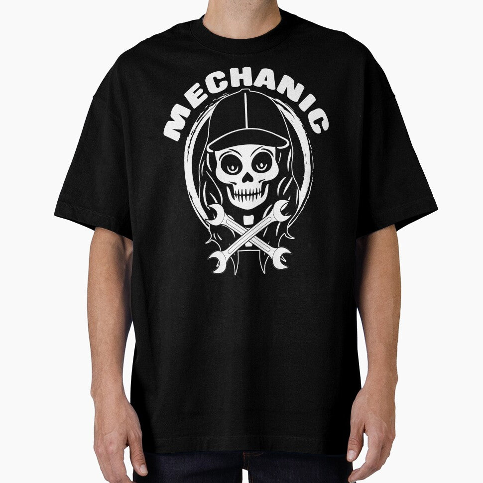 Female Mechanic Skull and Spanners Crossed Tools White Logo by Nuletto