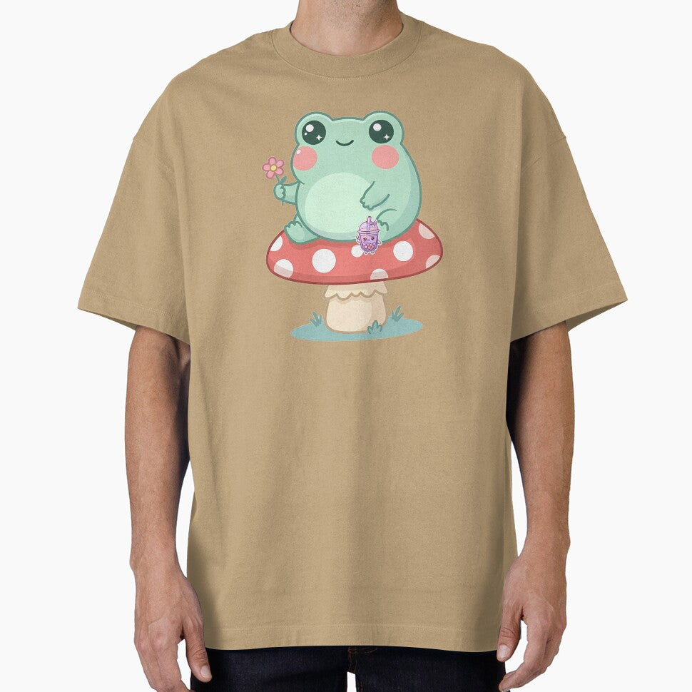Cute Kawaii Frog Sitting on Mushroom with Flower Pastel Art by LYZ7VANI