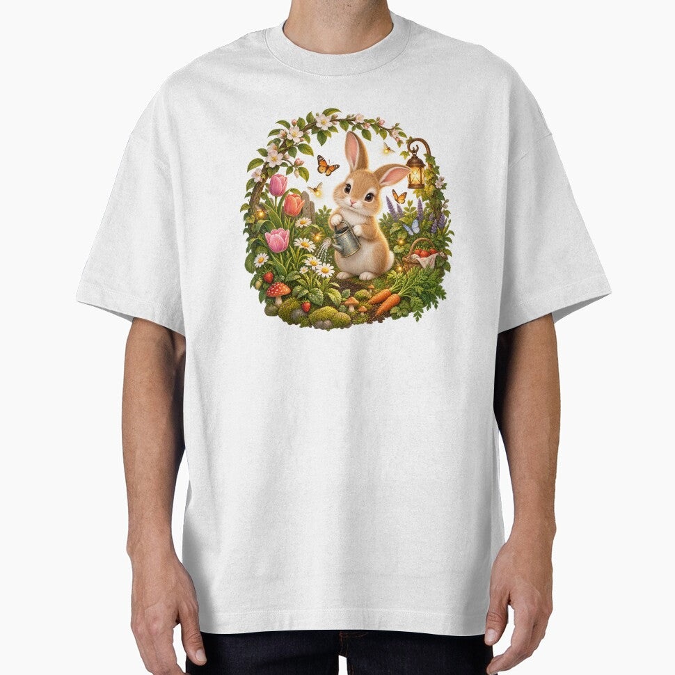 Cute Cottagecore Bunny Watering an Enchanted Garden by Claudia Ilie Art