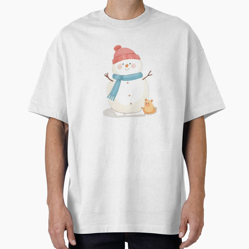 A friendly snowman with a tiny bird on its head and a mouse near its feet, warm smile, winter sticker design, soft pastel colors, white border, transparent background by Palmate-m