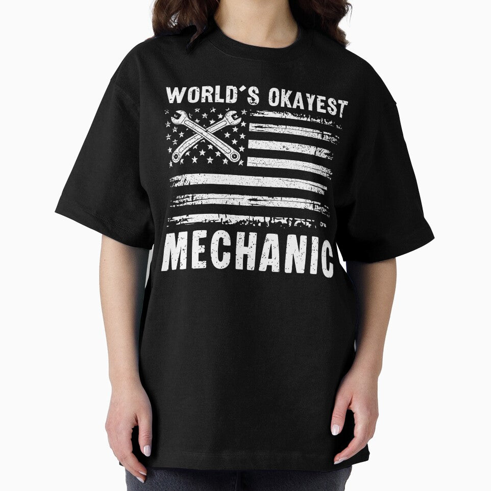 World's Okayest Mechanic Funny Distressed American Flag by Dmetalx Art Apparel