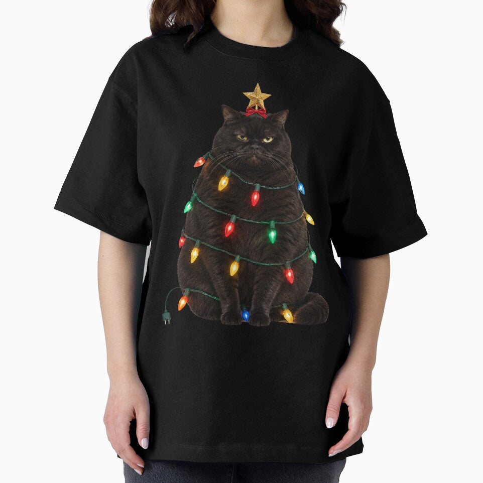 Grumpy Black Cat Christmas Tree with Holiday Lights by KokoDeez