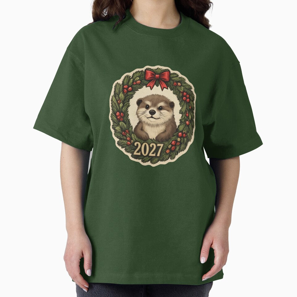 Cute Christmas Otter 2027: Holiday Wreath & Red Bow Art by MalisoStickers