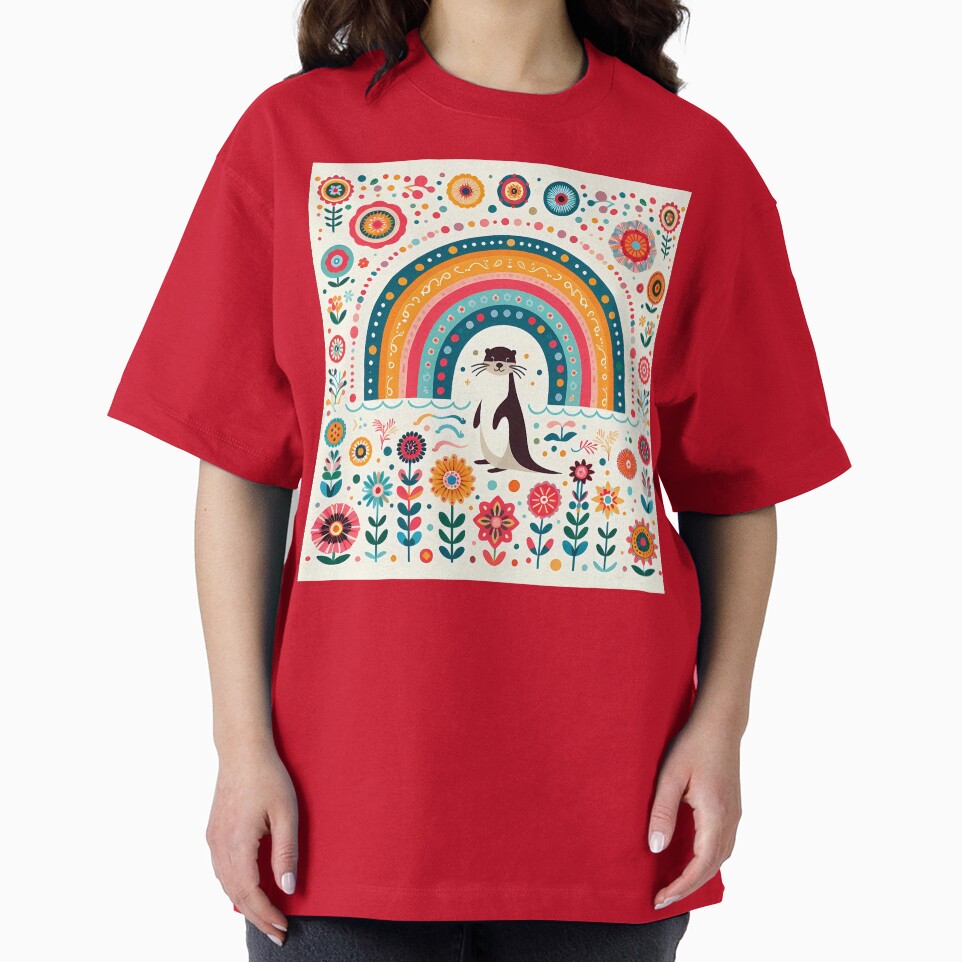 Otter Under Rainbow with Floral Motifs – Scandinavian Folk Art by heidiannemorris © by FOLK ART FUSION