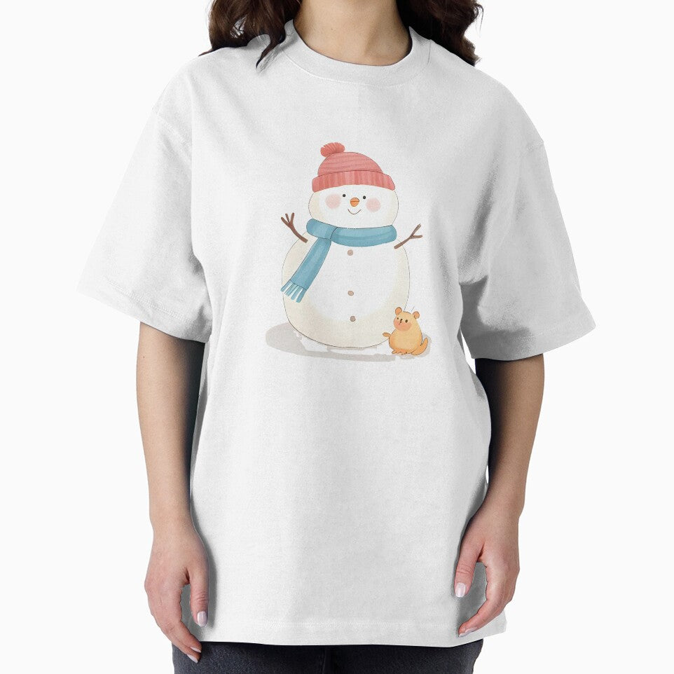 A friendly snowman with a tiny bird on its head and a mouse near its feet, warm smile, winter sticker design, soft pastel colors, white border, transparent background by Palmate-m