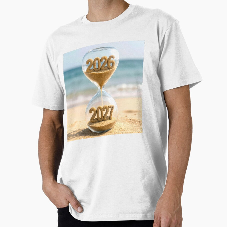 New Year 2027 Hourglass on Beach Sand by Maria Dryfhout