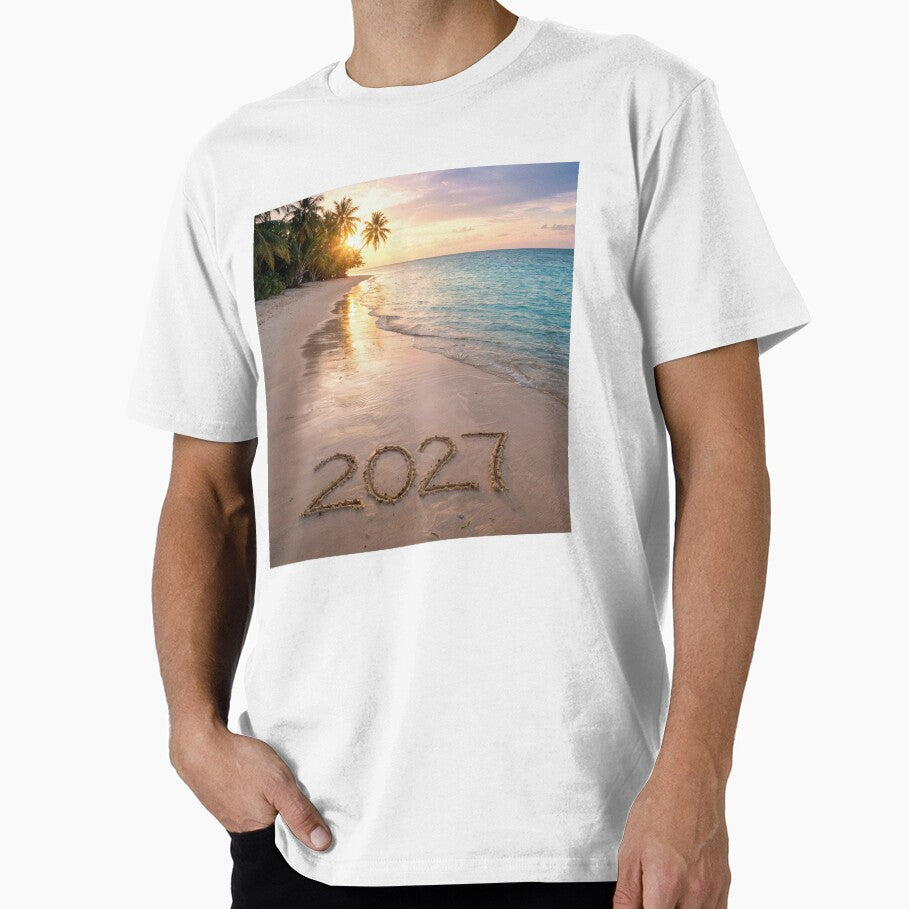 Tropical Beach with New Year 2027 in Sand by Maria Dryfhout