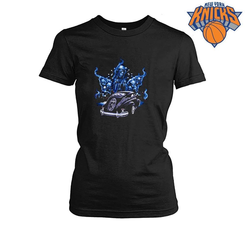 Chicano Art Virgin Mary Airbrush Lowrider Car Blue Flames Smoke Graphic Shirt Unisex