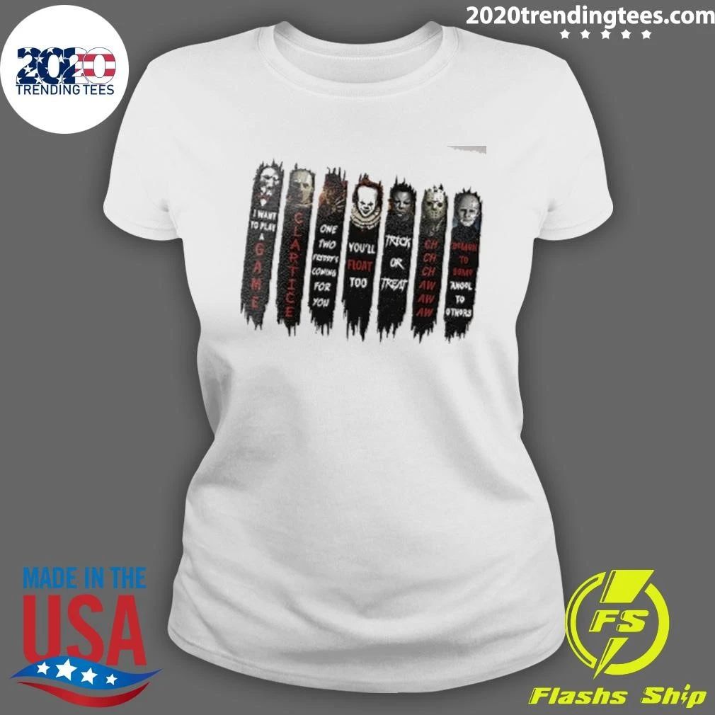 I Want To Play A Game Clarice You’ll Float Too Trick Or Treat Seven Horror Movie Villains Banners Shirt