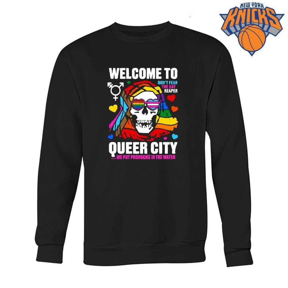 Welcome To Queer City We Put Pronouns In The Water Rainbow Pride Grim Reaper shirt Unisex