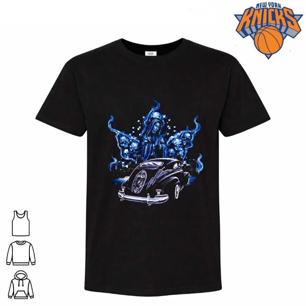 Chicano Art Virgin Mary Airbrush Lowrider Car Blue Flames Smoke Graphic Shirt Unisex