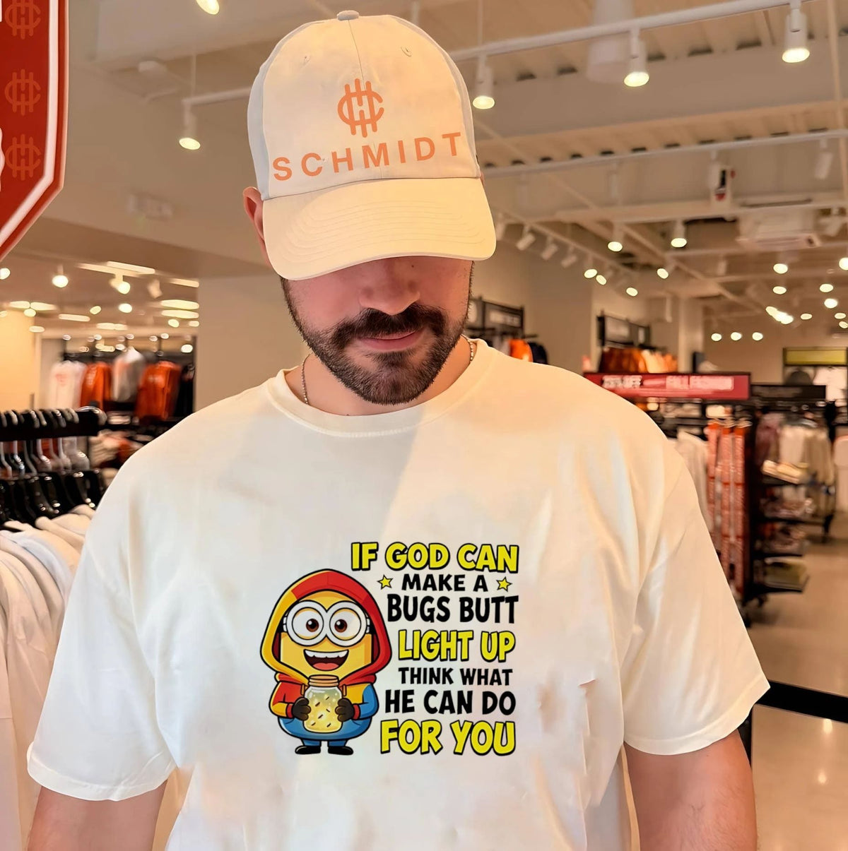 If God can make a bugs butt light up think what he can do for you Minion shirt Unisex