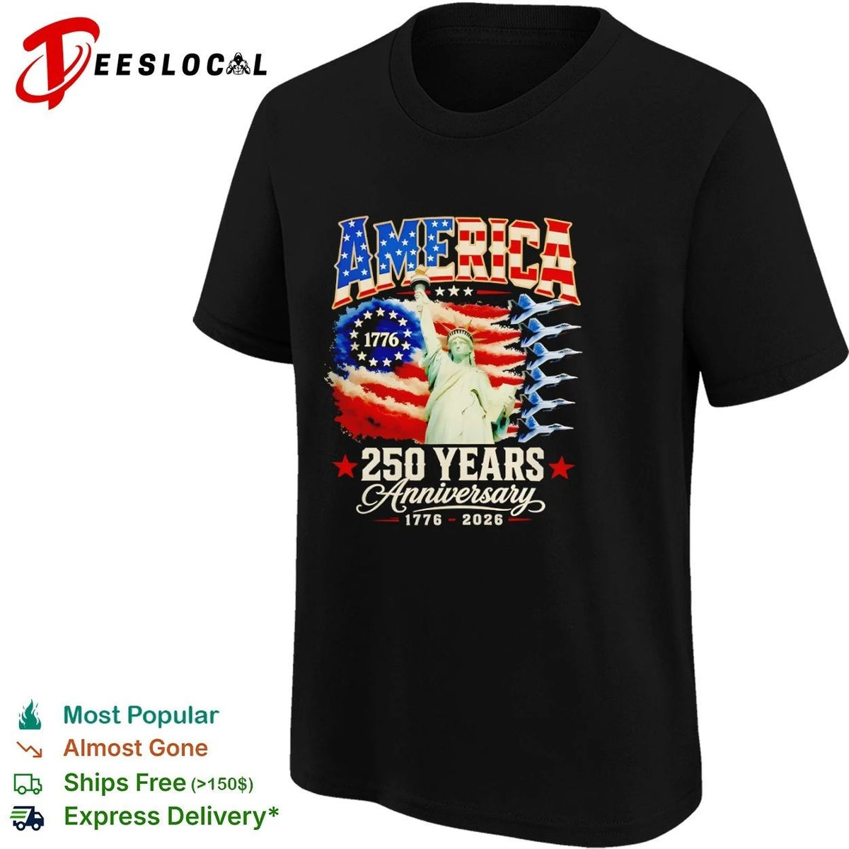 America 250 Years Anniversary 1776 2026 Statue of Liberty Fighter Jets Unisex