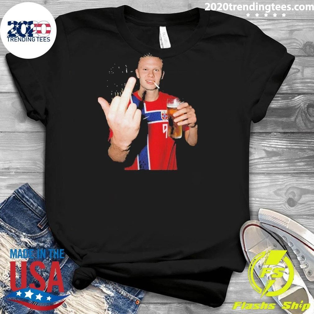 Erling Haaland Norwegian National Soccer Drinking Beer Middle Finger Shirt