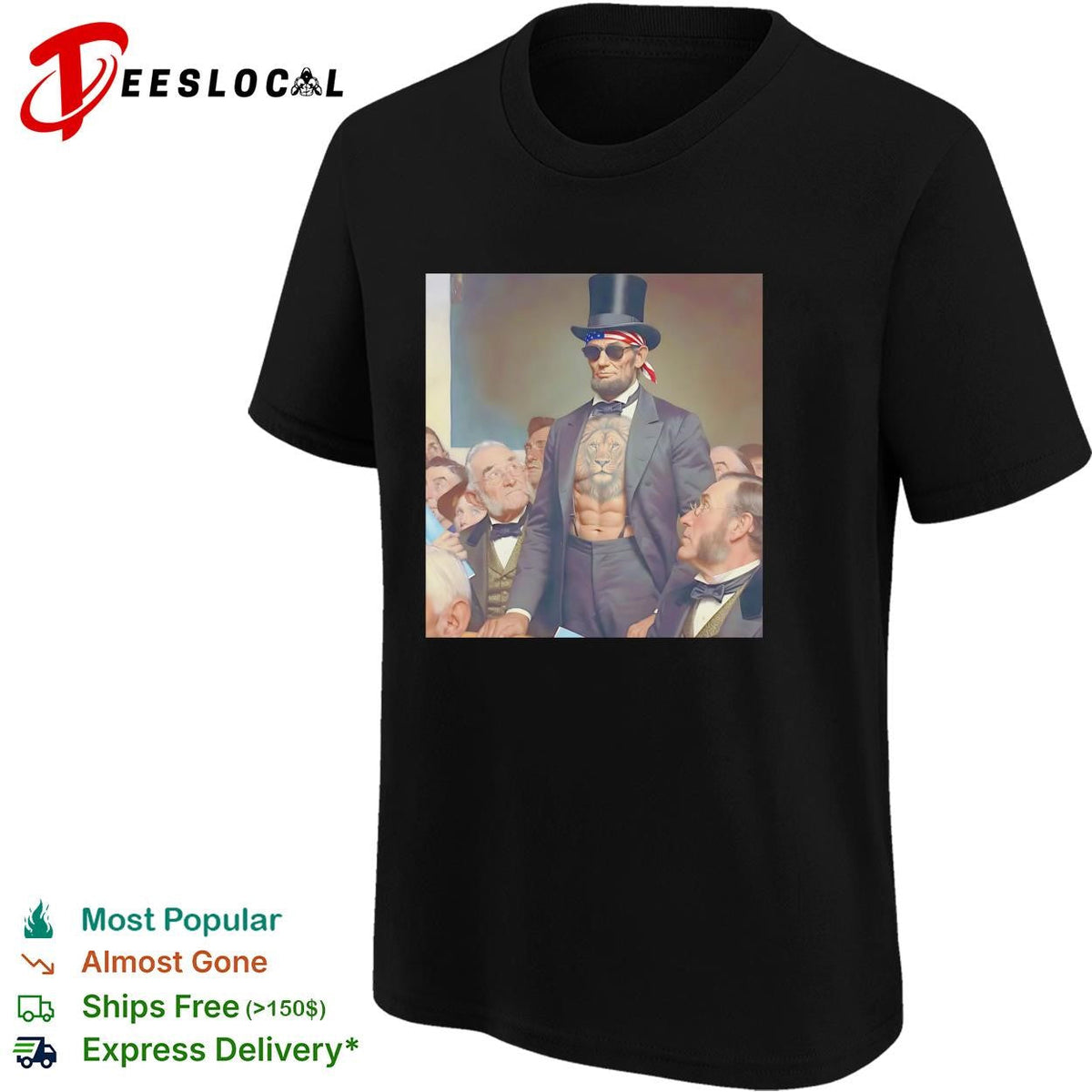 Abraham Lincoln lion chest tattoo top hat and sunglasses portrait graphic shirt Unisex