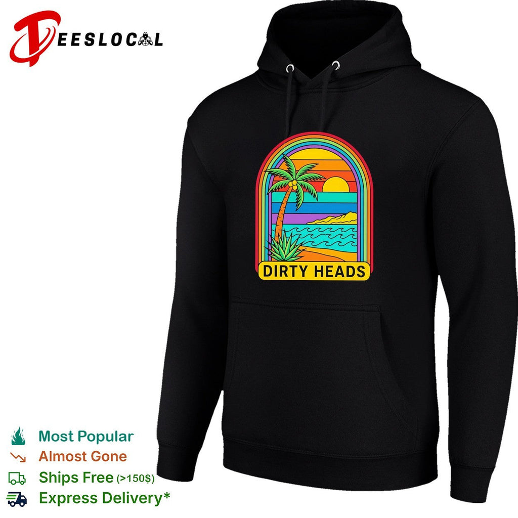 Tropical beach palm tree rainbow arch sunset vintage poster art shirt Unisex